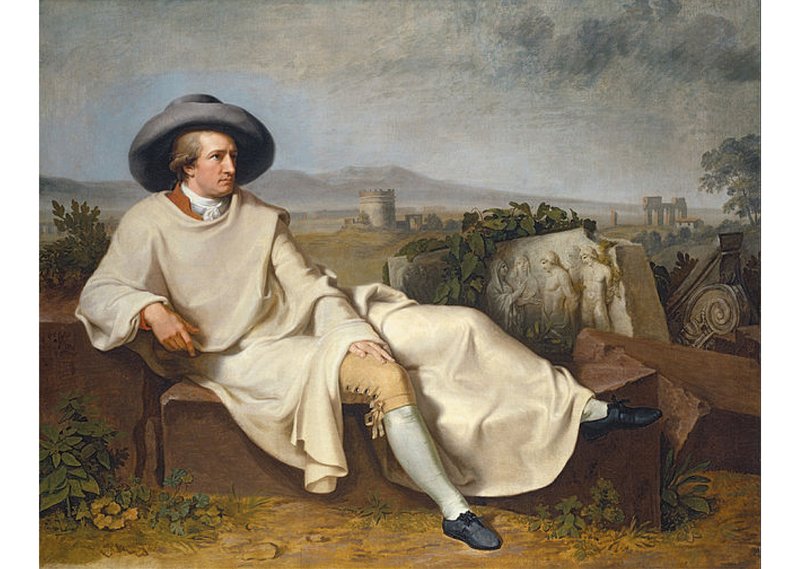 Das Gemälde zeigt Johann Wolfgang von Goethe in einem weißen Mantel im Freien auf einer Ruine sitzend. Im Hintergrund italienische Landschaft.
